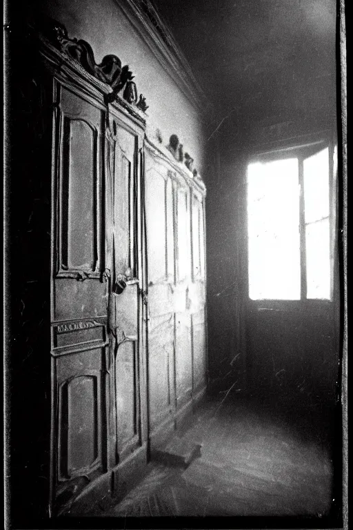 Image similar to Black and white camera obscura image of creepy room, 1910s paris, scary, horror, dark mood