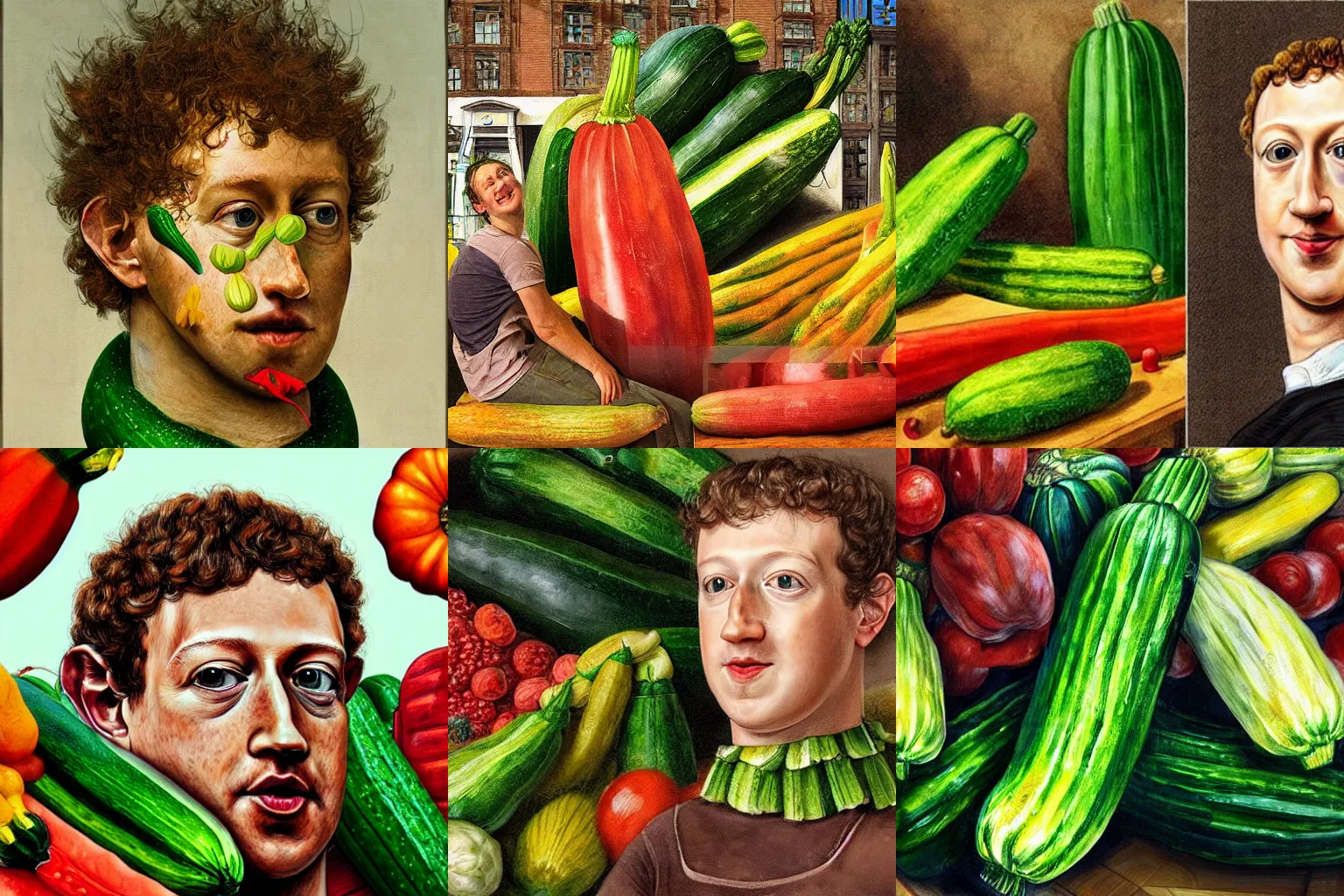 Prompt: mark zuckerberg as a zucchini, vegetable market stand in the background, digital painting by arcimboldo and rembrandt