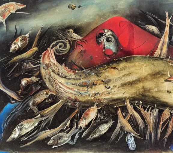 Image similar to a dead fish in the style of otto dix's der krieg, oil painting