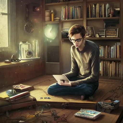Prompt: a skinny computer nerd guy sitting on the floor of his room, crossed legs, laptop, smartphone, video games, tv, books, potions, jars, shelves, knick knacks, tranquil, calm, sparkles in the air, magic aesthetic, fantasy aesthetic, by stanely artgerm, tom bagshaw, arthur adams, cane griffiths, trending on deviantart, street art, face enhance, chillwave, maximalist