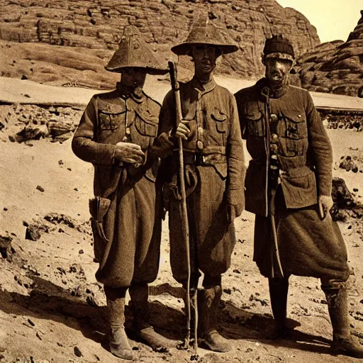 Image similar to ultra detailed photorealistic sepia - toned photo from 1 9 1 7, three british soldiers standing at an archaeological dig site in wadi rum, ultra realistic, painted, intricate details, lovecraft, atmospheric, dark, horror, brooding, highly detailed, by clyde caldwell