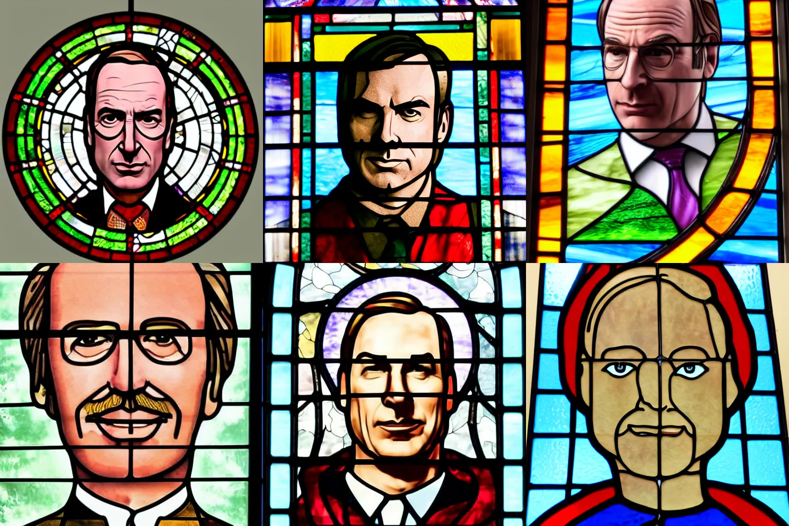 Prompt: Bob Odenkirk from Better Call Saul, stained glass window