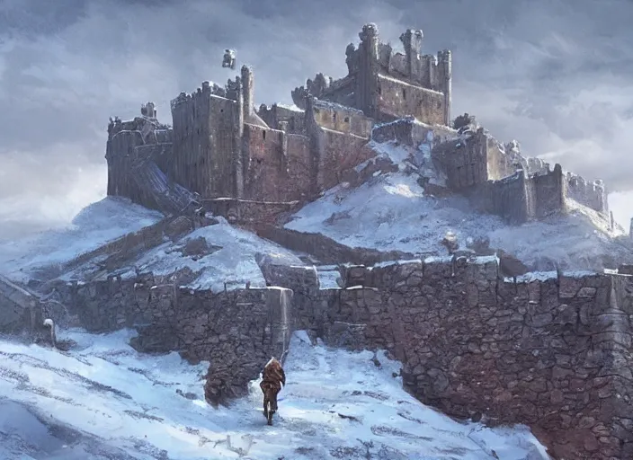 Prompt: painting of Winterfell, imposing, interesting perspective, painted by Marc Simonetti