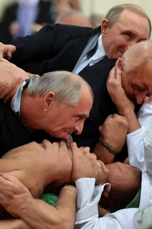 Image similar to human centipede with lukashenko putin gaddafi in roles