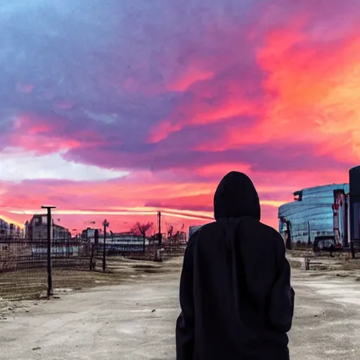 Prompt: hooded jacket woman standing in front of a post apocalyptic city with burning red sky