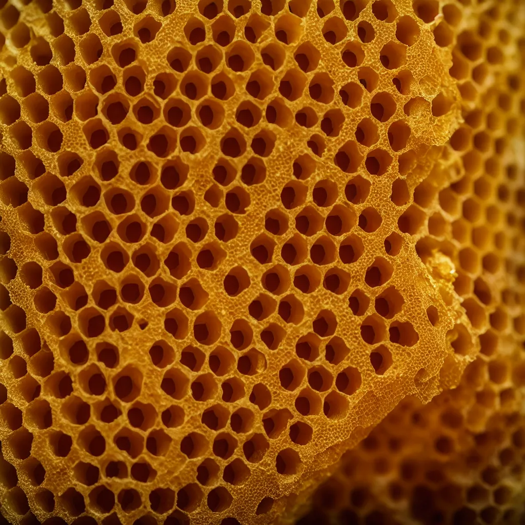 Image similar to real honeycomb vase with honey traditional shape design by tomas gabzdil libertiny, product design, film still from the movie directed by denis villeneuve with art direction by zdzisław beksinski, telephoto lens, shallow depth of field