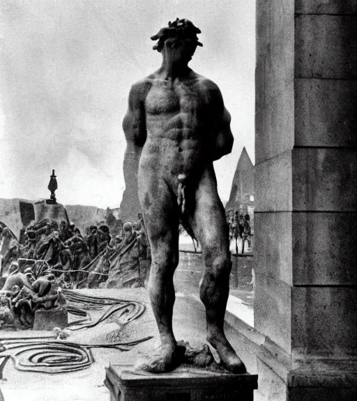 Prompt: a man frozen to statue by medusa, ww1 film photo, grainy, high detail, high resolution