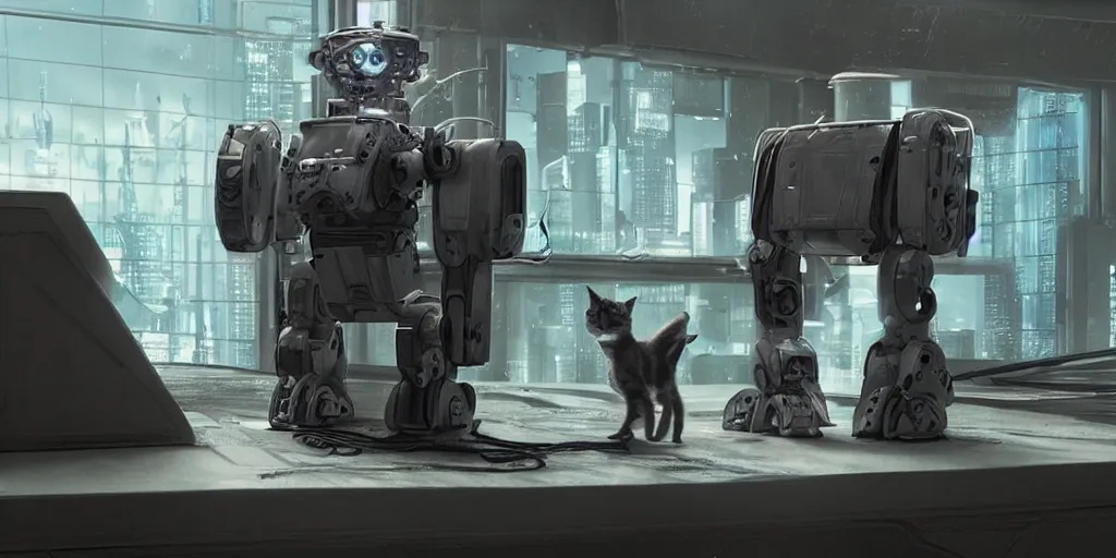 Prompt: a 3 d rendered movie still a of mainecoon robot kitten has become a cat scanning device. cyberpunk cat tree. digital art. science fiction blockbuster movie from the future, imax 7 0 mm. style of mandalorian ( american space western television series )