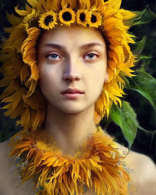 Image similar to Goddess of Summer, yellow-eyes!!!!!!!!!!, sunflowers, gorgeous portrait, intricate, elegant, volumetric lighting, scenery, digital painting, highly detailed, artstation, sharp focus, illustration, concept art, ruan jia, steve mccurry