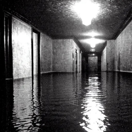 Image similar to a hallway that was built in 1 9 0 1 flooding with musty water, phone camera flash, grainy footage, liminal space, dark, eerie,