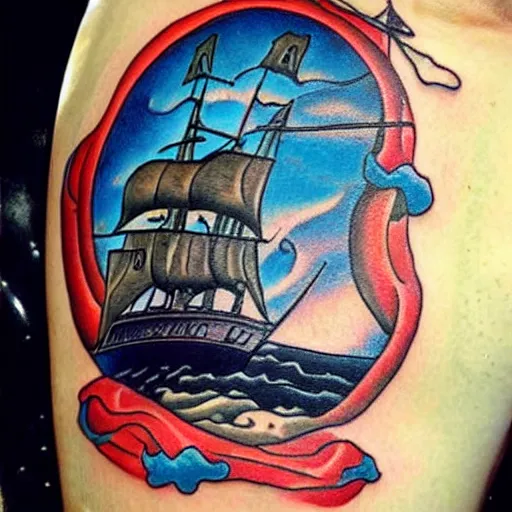 Image similar to a pirate ship sailing in the sea, realism tattoo design with amazing shades by david vega, clean white paper background