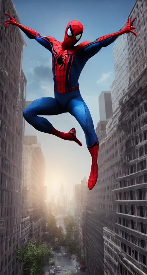 Image similar to full body shot film still of spider-man, 3d render, Unreal Engine, octane render, ray tracing, Unity, highly detailed, high quality, HD, 4k, 8k, realistic, sharp, trending