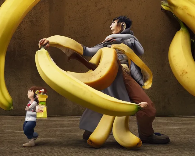 Image similar to A banana peeling a human, in the style of Kentaro Miura, hyper detailed, long shot, unreal engine