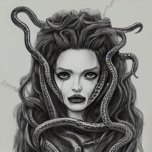 Prompt: pencil drawing of head of medusa wearing snakes heads in place of hair in berserk manga, angelina jolie showing fangs, big snakes heads, by kentaro miura