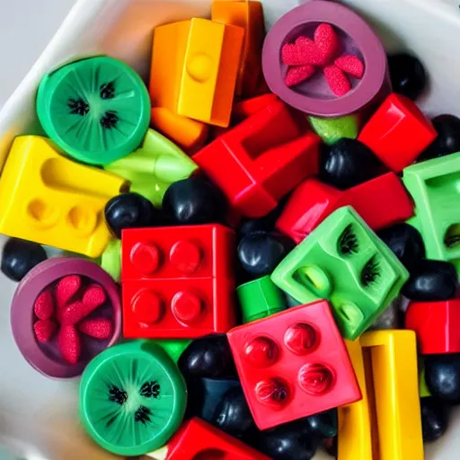 Prompt: A bowl of fruit made of lego blocks.