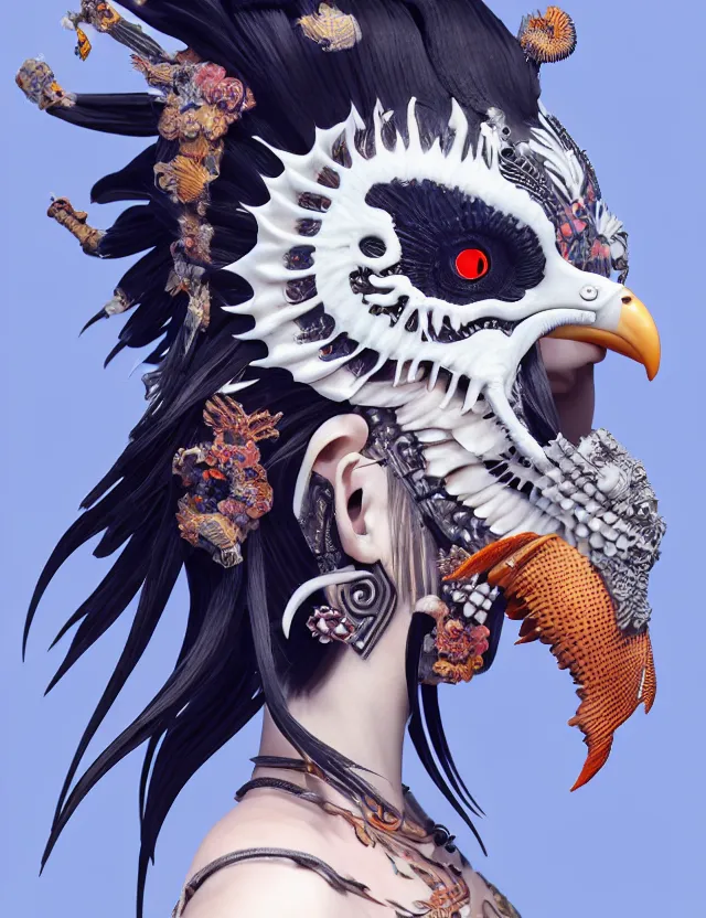 Image similar to 3 d goddess close - up profile simple portrait punk with mohawk with ram skull. beautiful intricately detailed japanese crow kitsune mask and clasical japanese kimono. betta fish, jellyfish phoenix, bio luminescent, plasma, ice, water, wind, creature, artwork by tooth wu and wlop and beeple and greg rutkowski