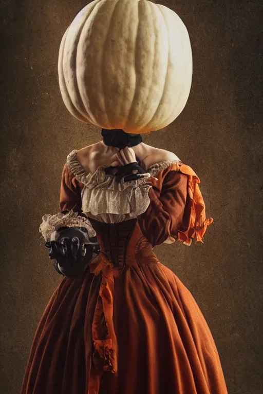 Prompt: women with pumpkin head in Victorian dress, misty, dark, moody, Victorian, wide shoot, cinematic, 35mm photography, Halloween, painting award winning artwork, realistic hair, artstation trend, high quality print, fine art with subtle redshift rendering