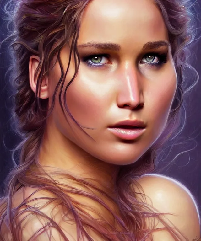 Image similar to half nicole kifman half Jennifer lawrence, a fantasy beautiful woman portrait, amber loving eyes, face, long hair, fantasy, intricate, elegant, highly detailed, digital painting, concept art, smooth, sharp focus, soft pale lights, illustration, greg rutkowski and alphonse mucha