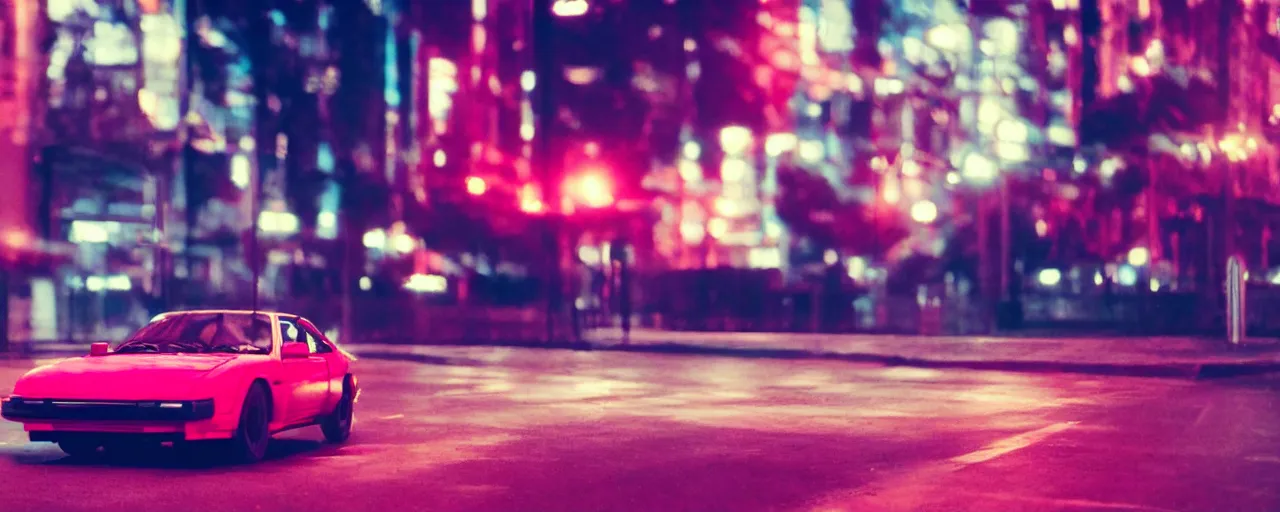 Prompt: 80s red sports car, parked on deserted city street at night time, purple lighted street, retrowave vibes, grainy, soft motion blur, VHS Screencap