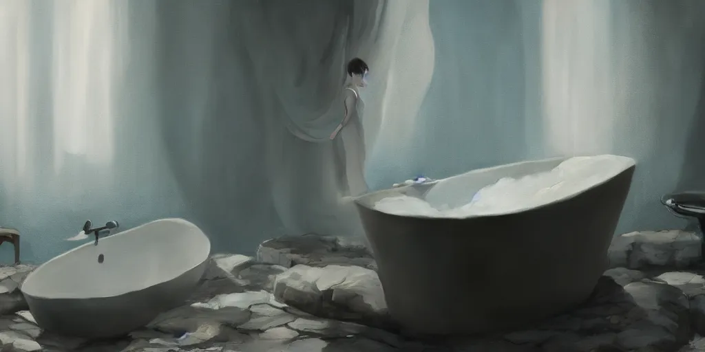 Prompt: a bathtub, medium close-up, detailed oil painting, cinematic angle, hyperrealistic, breathtaking, volumetric lighting, cinematic lighting, dynamic, Studio Ghibli, digital art, octane render, epic composition, trending on artstation, masterpiece