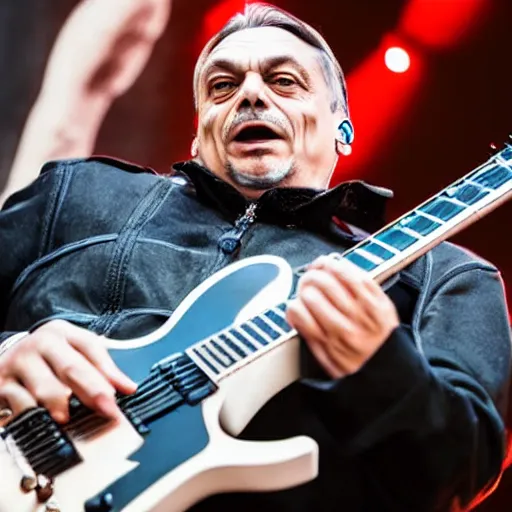 Prompt: metal viktor orban with a guitar, concert photography