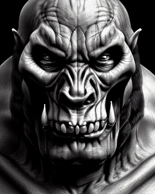 Image similar to orc, hyper realism, fine details, deviantart artstation, extremely detailed, black and white, very sharp, in the style of albrecht durer