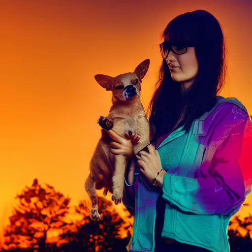 Prompt: cyberpunk lady holding a puppy in a colorfull sunset