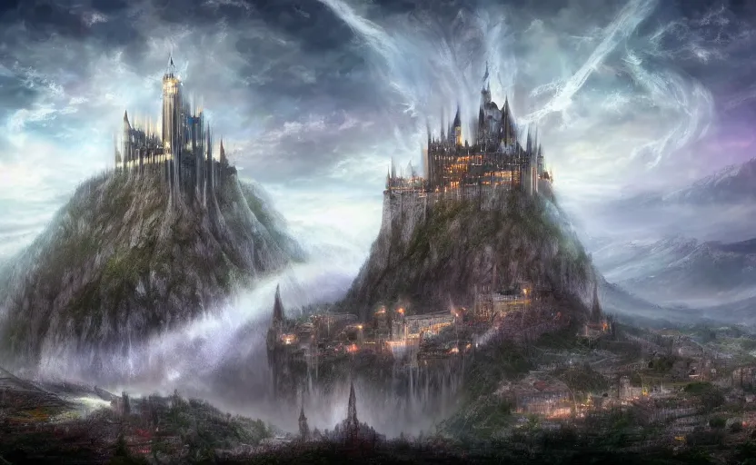 Image similar to beautiful secret city of the elves gondolin on top of a mountain, magical gloomy mystical, under attack. by konstantin razumov, fractal flame, chiaroscuro, highly detailded, mech robot futuristic