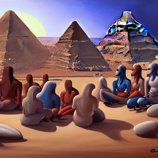 Image similar to a painting of a group of people sitting on rocks, a surrealist painting by abdullah gerguri, cg society, neo - primitivism, fractalism, egyptian art, artstation