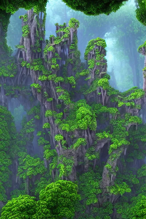 Image similar to ancient fractal temple, altar, primordial diamond radiating - sharp focus view of a megastructure in the hanging gardens of a radiant forest jungle, overgrown garden, scanned earth terrain fractal bridges, highly detailed erosion algorithm landscape, by albert bierdstat, by glenn small, high resolution, 8 k photorealism, god rays in volumes of fog, looking up perspective