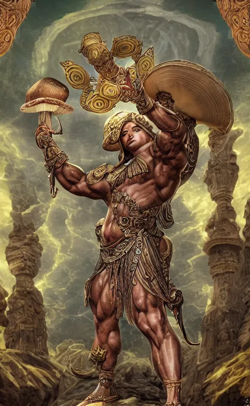 Image similar to a masterpiece hyperdetailed dnd tarot card, magnificent mushroom deity as depicted in a colossal greek marble statue ( with godlike bodybuilder physique ), hd tarot card depicting monumental statue of a dignified mushroom god with cute large mushroom hat, hdr, 8 k, artstationhq, digital art