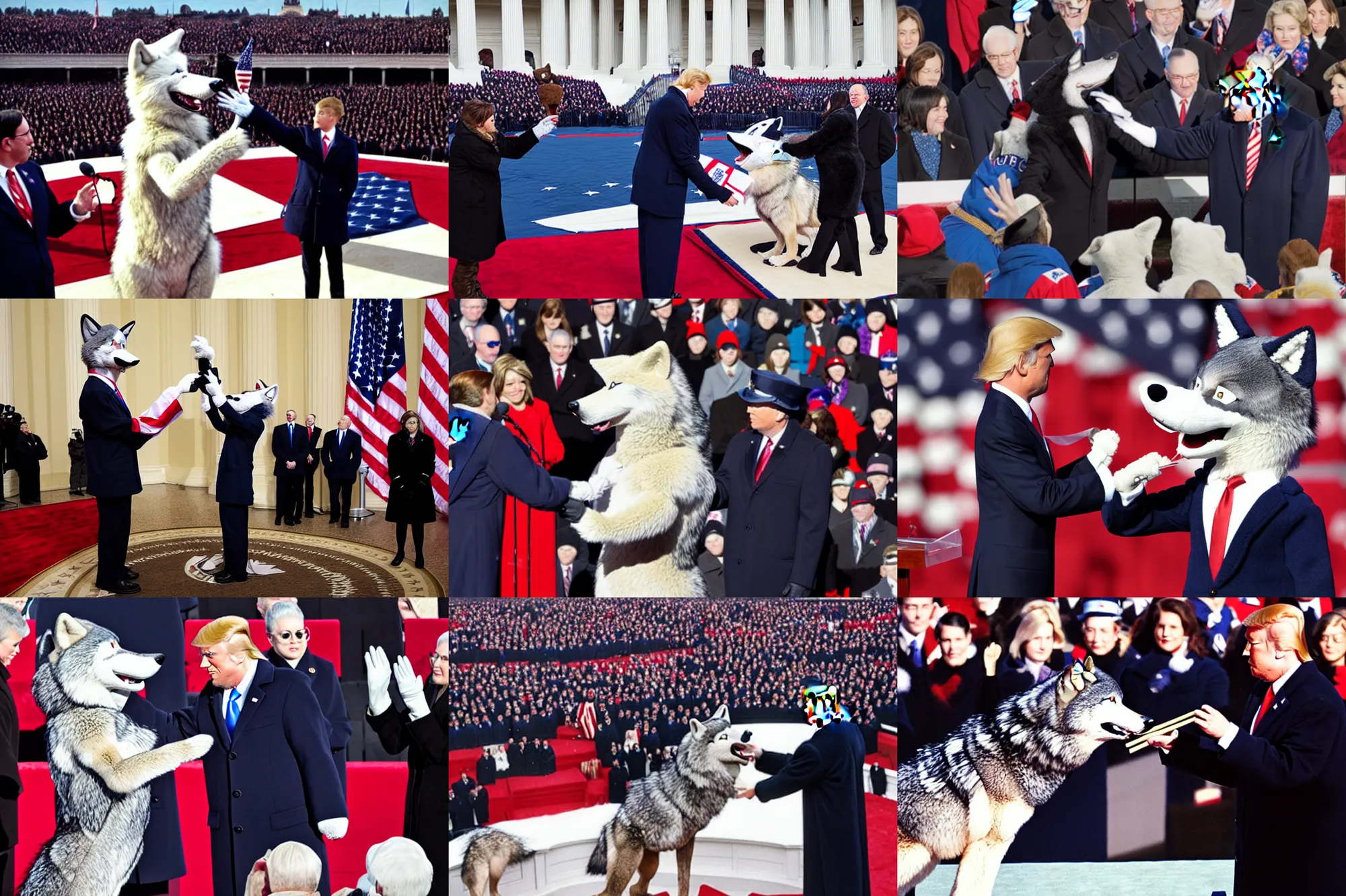 Image similar to photo of the usa presidential inauguration, a wolf fursuiter being inaugurated as president