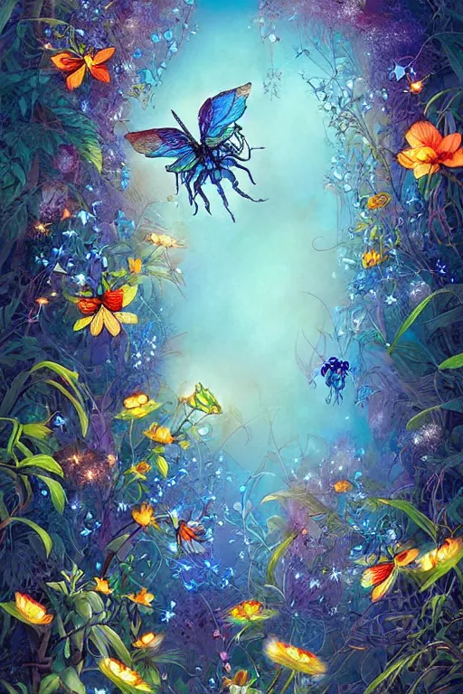 Prompt: beautiful digital matte painting of whimsical botanical illustration blue flowers fireflies enchanted dark background dark contrast by android jones