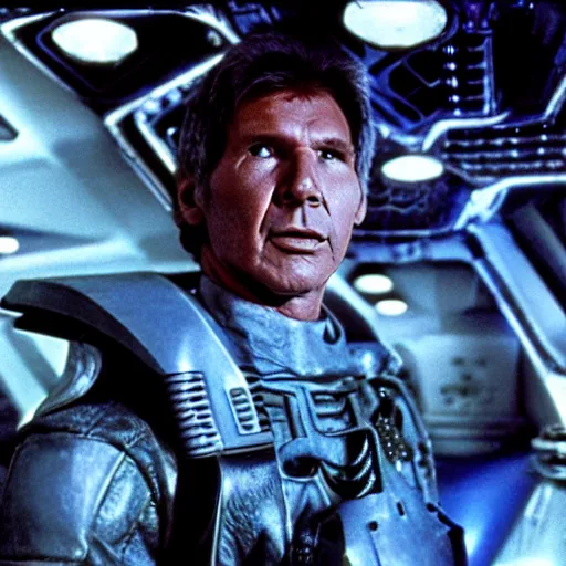 Prompt: movie still, 1 9 8 0 s, harrison ford as armored alien hunter, photorealistic, hyperdetailed, by ridley scott and john carpenter, blue leds