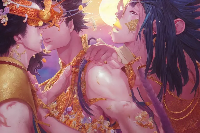 Image similar to close up moment of a divine a japan sun god and a moon goddess lovers magician at a wedding banquet, highly detailed, genshin, fantasy, 4 k realistic, digital painting, trending on artstation, concept art, sharp focus, illustration, art by makoto shinkai and akihiko yoshida and daniel gerhartz