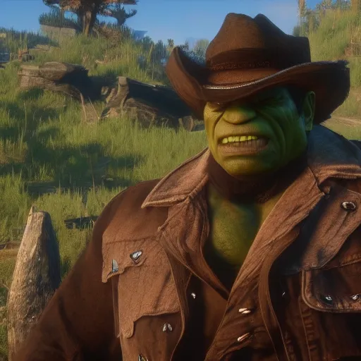 Image similar to Film still of The Hulk in Red Dead Redemption 2 (2018 video game)