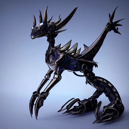 Image similar to close-up shot of a cute and beautiful well-proportioned anthropomorphic robot female dragon doing an elegant pose, the head has two eyes and two horns, a sleek yet elegant design of metal plating, with two big epic wings behind her attached to her back, two arms with one hand on her hip, the background is of the beach at night; HD digital art, artstation, deviantart, furaffinity, high quality detail