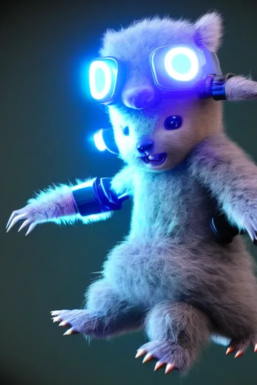 Prompt: high quality 3 d render sci - fi very cute fluffy! wombat!! cyborg soldier dancing, mechanical legs, cyberpunk mask!, highly detailed, unreal engine cinematic smooth, in the style of detective pikachu, hannah yata charlie immer, dark blue neon light, low angle, uhd 8 k, sharp focus