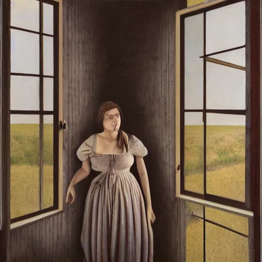 Prompt: a portrait of a young woman standing at an open window by gregory crewdson and andrea kowch