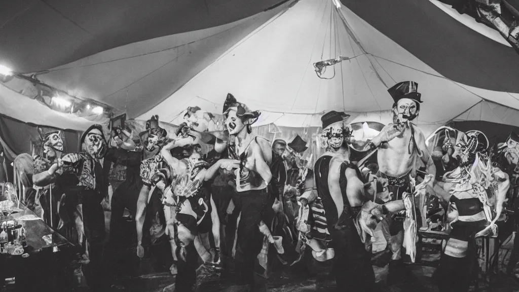 Prompt: of a gang of circus clowns, drinking alcohol, inside a circus tent