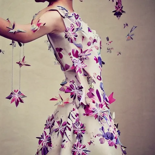 Image similar to a beautiful girl wearing an origami dress eye - level medium shot, fine floral ornaments in cloth and hair, hummingbirds, elegant, by eiko