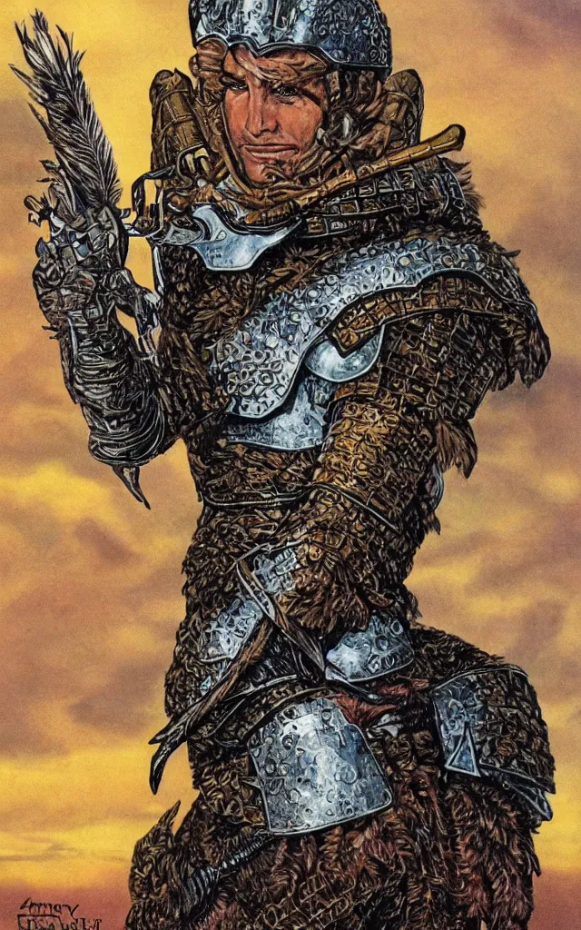Image similar to portrait of a dnd character, a human fighter wearing armour made out of griffin feathers, by larry elmore