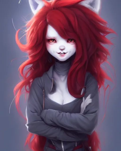 Prompt: character concept art of a dark grey anthropomorphic furry wolf with long red hair | | cute - fine - face, pretty face, key visual, realistic shaded perfect face, fine details by stanley artgerm lau, wlop, rossdraws, james jean, andrei riabovitchev, marc simonetti, and sakimichan, artstation