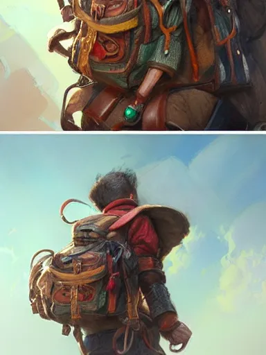 Image similar to a tinker carrying a giant backpack, full of trinkets and hanging stuff. intricate, elegant, highly detailed, digital painting, artstation, concept art, sharp focus, illustration, by justin gerard and artgerm, 8 k