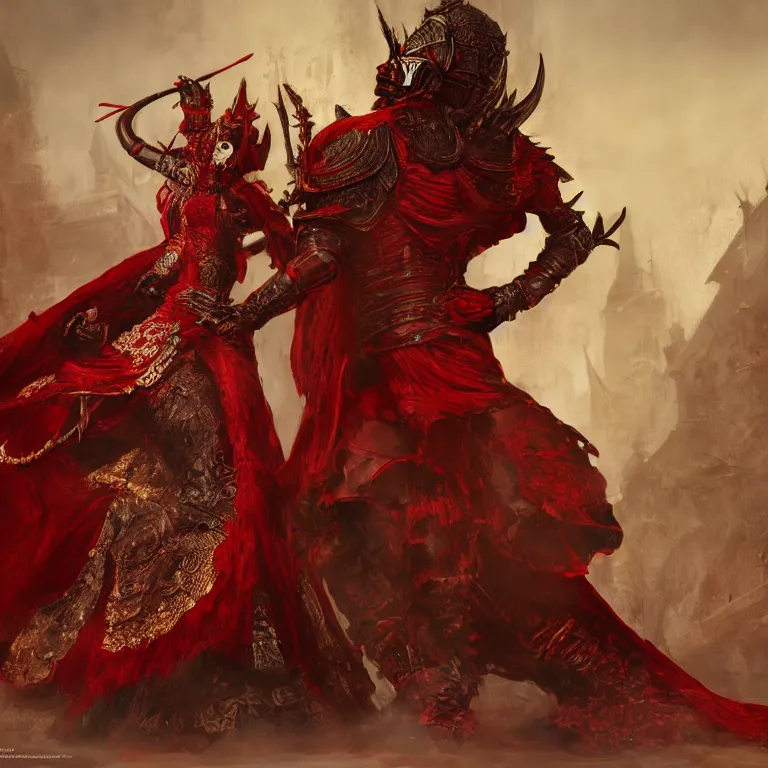 Prompt: black man and a female devil in red dress dancing, Dark Souls 3 themed, in style of Ruan Jia, insanely detailed and intricate, golden ratio, elegant, ornate, luxury, elite, matte painting, cinematic, cgsociety, James jean, Brian froud, ross tran, Laputa