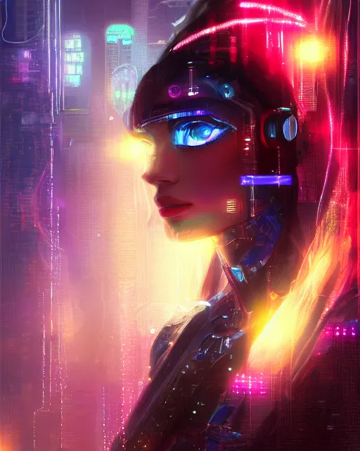 Image similar to a cyberpunk close up portrait of enchanting cyborg cleopatra, electricity, rainbow, sparks, bokeh, soft focus, sparkling, glisten, water drops, cold, dark, geometric, temples behind her, by paul lehr, jesper ejsing