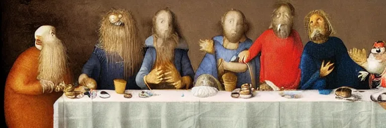 Prompt: the last supper on sesame street, hello spencer. art by hieronymus bosch