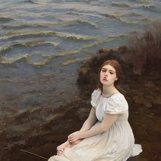 Prompt: a painting of a girl in a white dress, laying on her back in a river, ophelia, an oil painting by jeremy lipking, behance contest winner, figurative art, detailed painting, oil on canvas, pre - raphaelite