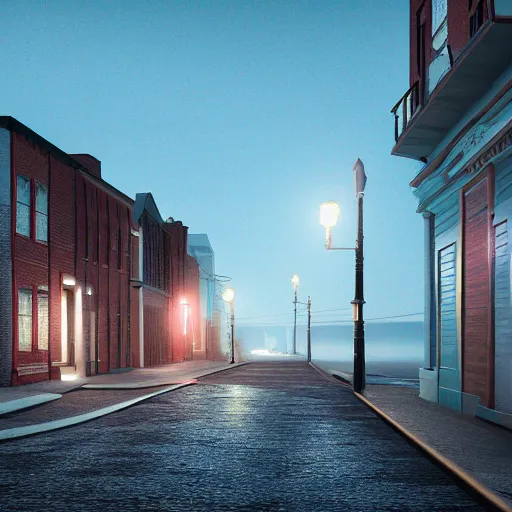 Prompt: portsmouth new hampshire street facing the ocean, beautiful cinematic lighting, 8 k, octane render, artstation