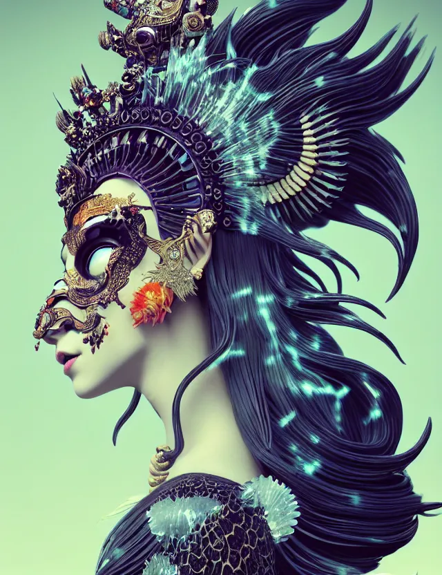 Image similar to 3 d goddess close - up profile portrait with crown, ram skull. beautiful intricately detailed punk japanese crow kitsune mask and clasical japanese kimono. betta fish, jellyfish phoenix, bio - luminescent, plasma, ice, water, wind, creature, artwork by tooth wu and wlop and beeple and greg rutkowski